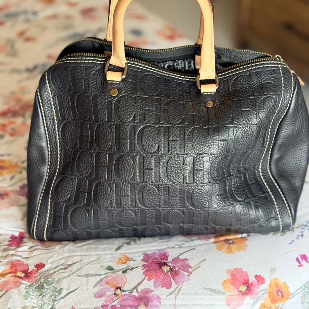 Carolina Herrera Black Embossed Satchel with Tan Handles